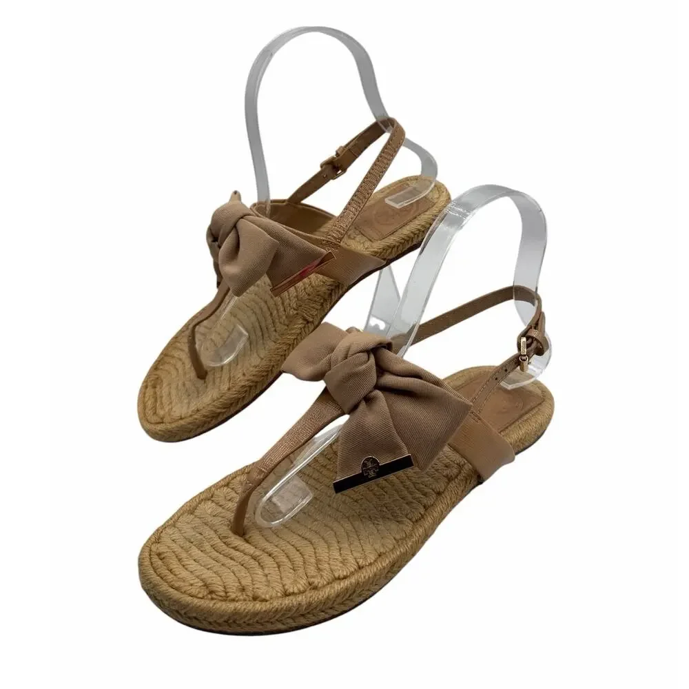 Tory Burch Miller Bow Espadrille Thong Sandals Beige Size 6 Coastal Chic Casual